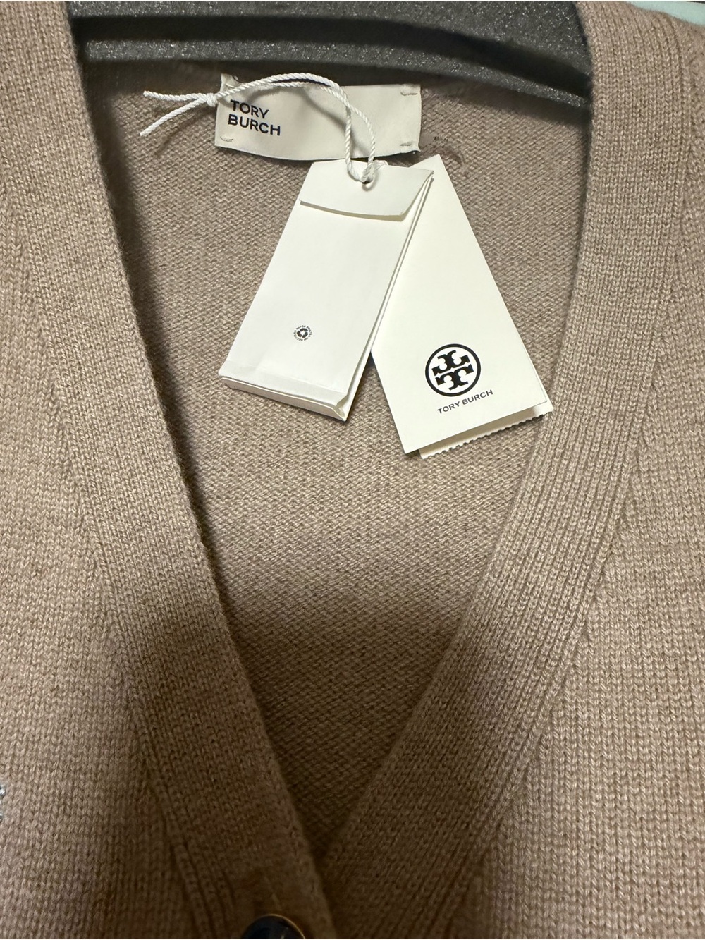 Tory Burch Classic V-Neck Embroidered Cardigan Sweater - Taupe with Navy Motifs - Picture 2 of 3